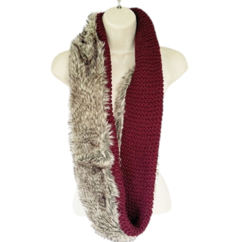 Staring at Stars gray maroon faux fur knit two sided infinity scarf one size